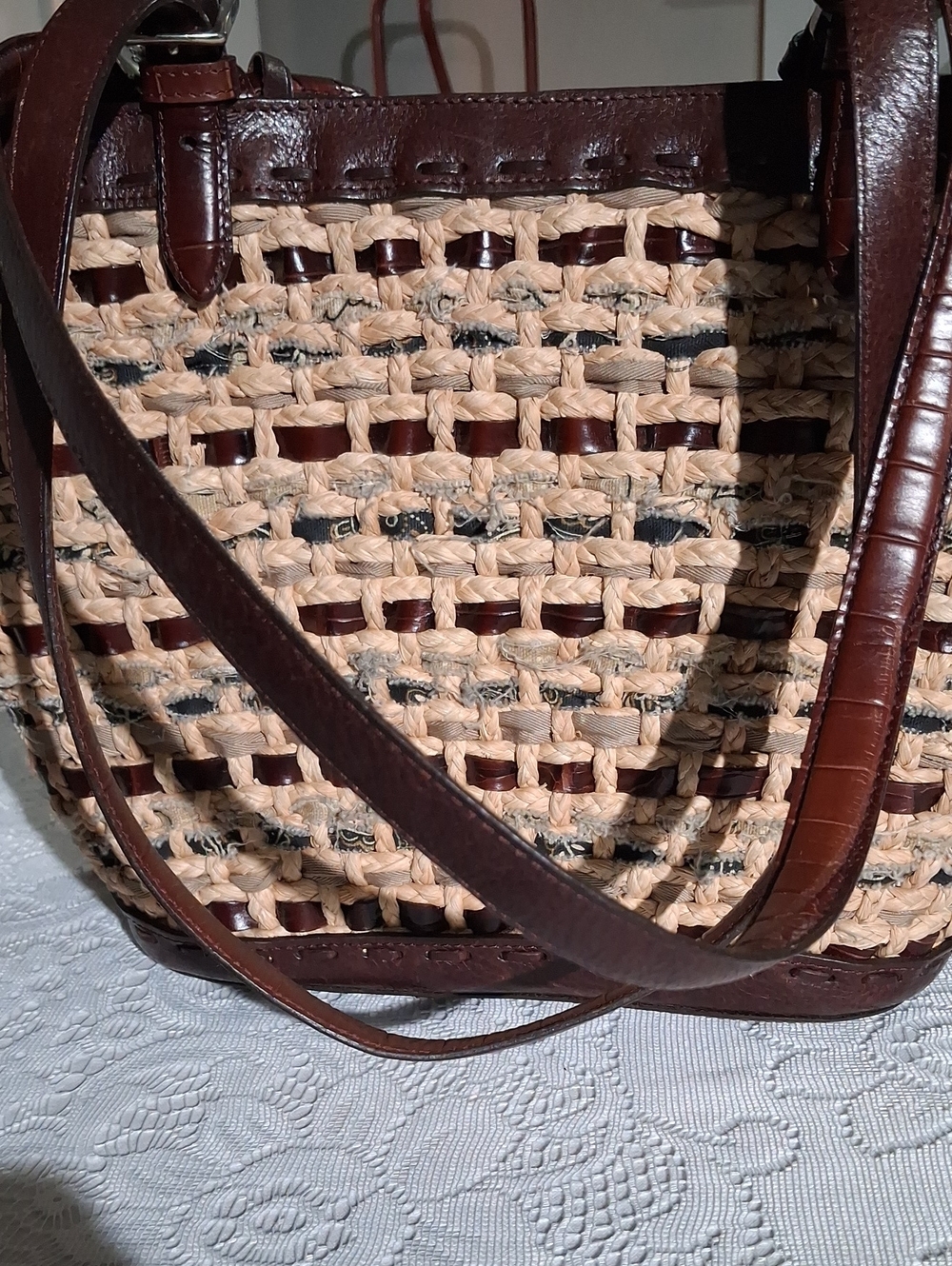 Brighton Beige Straw and Brown Leather Shoulder Bag